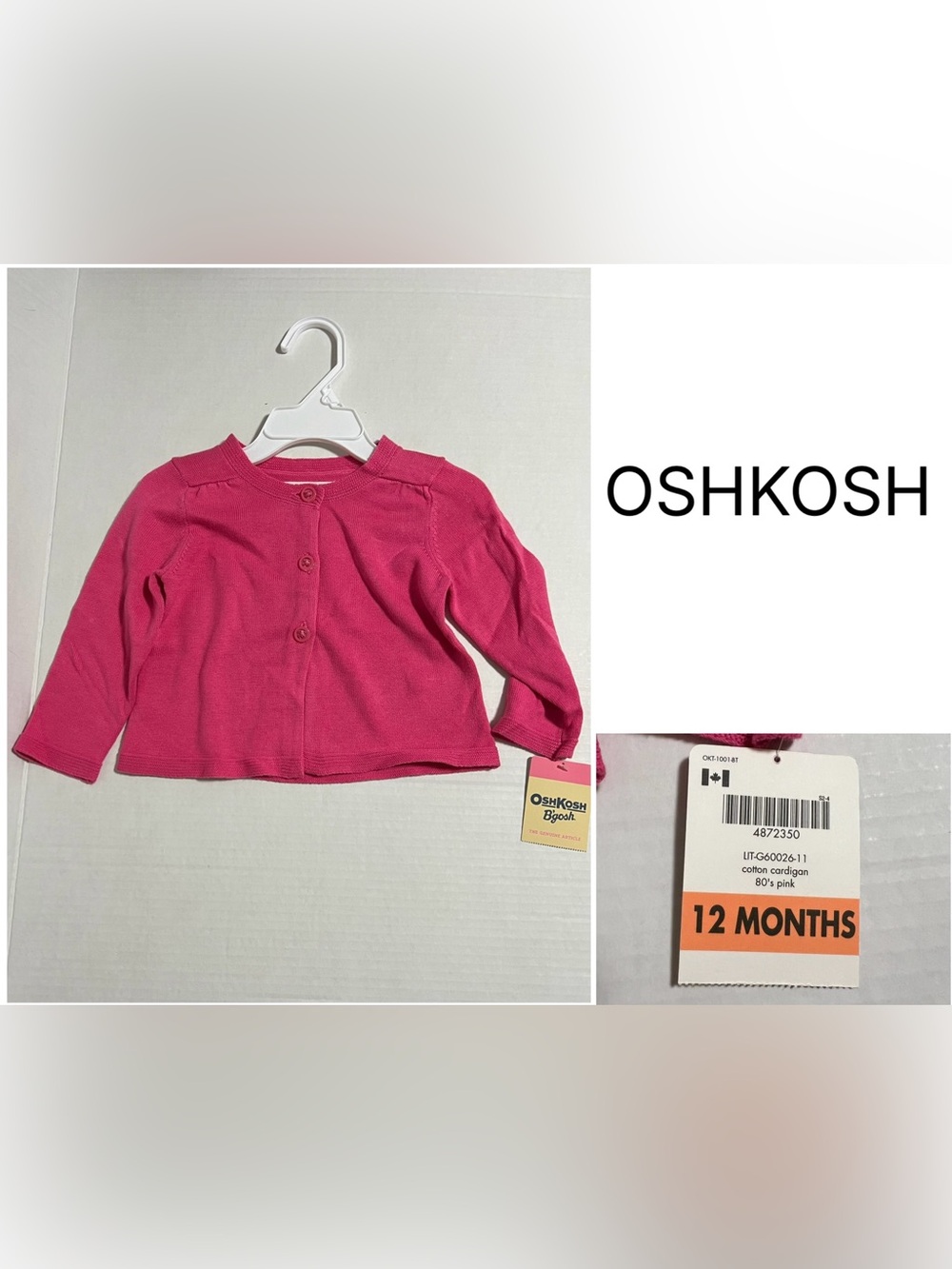 OSHKOSH - 12M - NWT - INFANT GIRLS PINK KNIT CARDIGAN SWEATER